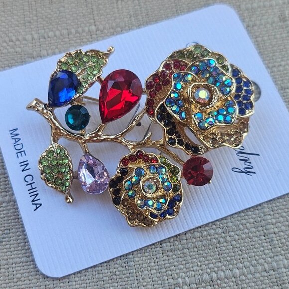 Fashion Pin Brooch Multi Color Crystals Accent Flower Pin Fashion Jewelry New - Picture 7 of 10